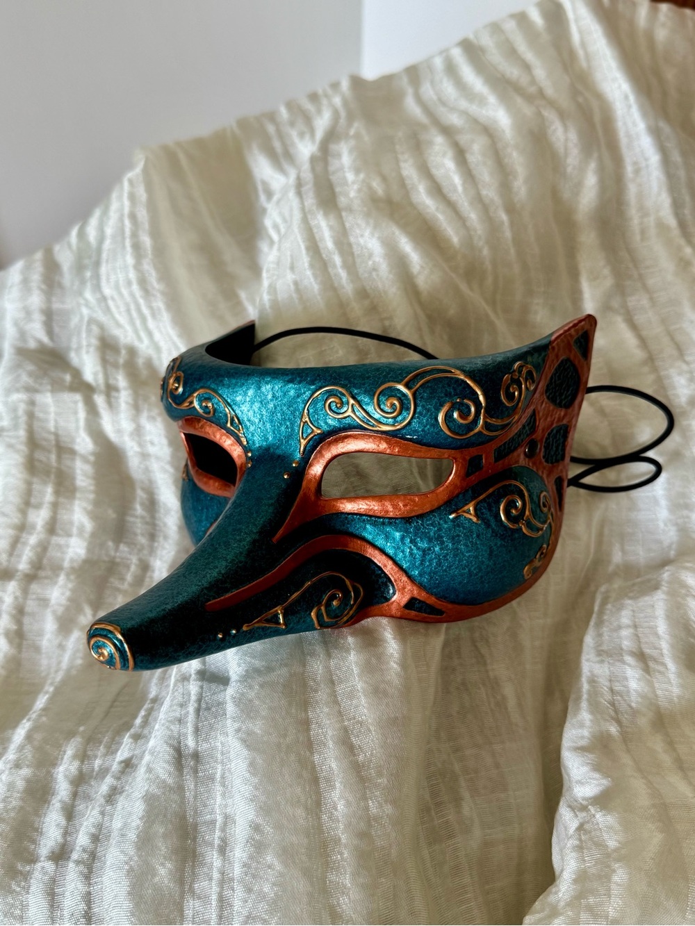 Teal and Copper Venetian Long-Nose Mask - Handmade Blue Latex Theatre Mask